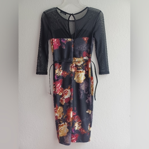Venus black floral bodycon dress with mesh sleeves and mesh upper back, Small - Picture 4 of 9